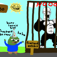 amphibian animal animated arm bloodshot_eyes cage crying ear freetard frog full_body g_(4chan) glasses gorilla hand leg linux nas:pepe open_mouth party_hat pepe_the_frog rage_comic screaming sign soyjak stretched_mouth stubble subnas:apu sun technology text trollface variant:soyak zoo // 1200x800 // 210.0KB