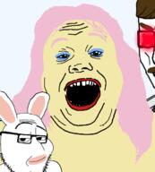 3soyjaks brown_hair cheese closed_mouth crossover fluttershy glasses glowing_eyes lee_goldson lens_flare moments_before_disaster my_little_pony no_nose open_mouth pink_eyebrows pink_hair pink_stubble pony rabbids rabbit rayman_raving_rabbids red_eyes smug stubble variant:alicia variant:chudjak variant:smugjak yellow_skin // 620x687 // 91.5KB