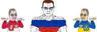 3soyjaks adidas bloodshot_eyes buff clothes crying flag flag:poland flag:russia flag:ukraine full_body glasses hair holodomor lgbt logo pointing poland rainbow russia subvariant:muscular_chud track_suit ukraine variant:chudjak variant:cryboy_soyjak vein wojak // 2782x929 // 470.0KB