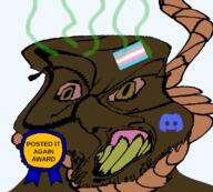 ack award bloodshot_eyes brown_eyes brown_skin content_aware discord distorted flag:transgender_pride_flag glasses hanging large_nose looking_at_you open_mouth posted_it_again_award raised_eyebrow rope soyjak stinky stubble subvariant:crazyguyjak teeth text trend:slopjak variant:feraljak // 800x719 // 57.4KB