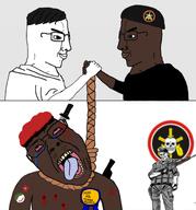 3soyjaks ack award blood bloodshot_eyes brown_skin crying hanging noose red_eyes rope tongue variant:bernd variant:chudjak white_skin yellow_teeth // 720x773 // 269.0KB