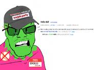 badge closed_mouth doll_(user) green green_eyes green_skin hello_my_name_is_(sticker) kolyma limeade_(user) meta:namefags paint pink pink_skin soyjak soyjak_wiki text variant:feraljak // 2101x1500 // 663.7KB