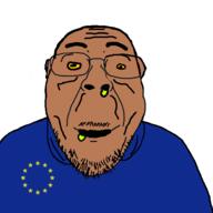 big_lips black_sclera blue_shirt clothes drool ear euromutt europe european_union flag flag:european_union glasses hair half_open_mouth hoodie mucus mustache small_eyes soyjak stubble thick_eyebrows variant:bernd wrinkles yellow_sclera // 576x575 // 65.4KB