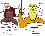 austrian_chud_(user) bed bedroom beefsoup_(user) blanket meta:namefags pillow series:me_and_your_mom smoking soup stubble subvariant:female_markiplier subvariant:neutralplier variant:markiplier_soyjak yellow_skin your_mom // 745x600 // 29.5KB