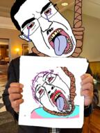 2soyjaks bloodshot_eyes crying ear flag glasses hair hanging holding_object irl_background lipstick open_mouth paper rope soyjak stubble subvariant:patrick suicide tongue tranny tucker_carlson variant:bernd variant:chudjak yellow_teeth // 768x1024 // 881.0KB