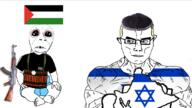 2soyjaks angry arm baby bloodshot_eyes closed_mouth clothes crying deformed ear flag:israel flag:palestine glasses gun israel judaism muscles palestine smile soyjak stubble subvariant:gerald subvariant:muscular_chud suicide_bomber variant:chudjak variant:cobson yellow_hair // 1089x613 // 323.1KB