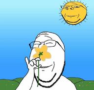 2soyjaks arm closed_eyes flower glasses hand holding_object plant smelling smile soyjak stubble subvariant:wholesome_soyjak sun variant:gapejak // 851x821 // 65.4KB