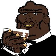 black_skin bowtie clothes cup ear glass glasses hair hairy hand holding_object soyjak stubble suit toast tuxedo unibrow variant:ishish_soyak_ears yellow_teeth // 999x1000 // 83.6KB