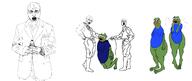 3soyjaks clothes frog full_body glasses green_skin holding_object open_mouth painted_nails pepe soy soyjak soylent stubble suit tshirt variant:a24_slowburn_soyjak variant:soyak // 2839x1200 // 182.1KB