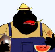 black_skin buck_teeth clothes fat food fried_chicken moonshine overalls red_lips straw straw_hat variant:meximutt watermelon // 1675x1583 // 530.7KB