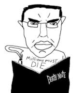 angry anime book death_note glasses hair holding_book holding_object millions_must_die pen soyjak subvariant:pol_face variant:chudjak // 615x680 // 41.1KB