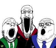 3soyjaks badge clothes glasses gryffindor harry_potter hogwarts necktie open_mouth ravenclaw robe slytherin soyjak stubble trend:soyjak_trio variant:gapejak variant:markiplier_soyjak variant:tony_soprano_soyjak // 968x832 // 195.4KB