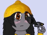 blush brown_eyes closed_mouth glasses glasses_off grey_skin hair lemon lemon_(user) sourtan variant:soytan // 431x323 // 60.9KB
