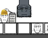 4soyjaks arm closed_mouth clothes comic_sans conveyor_belt factory glasses hard_hat hat lever machine neutral smoke soyjak stubble subvariant:neutralplier text variant:markiplier_soyjak // 900x720 // 1.8MB