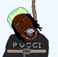 ack black_skin bloodshot_eyes clothes crying gucci hair hanging open_mouth rope soyjak suicide text tongue variant:rizzjak yellow_teeth // 749x736 // 35.4KB