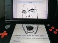 angry glasses irl_background nintendo nintendo_3ds open_mouth soybooru soyjak stubble text variant:cobson video_game // 4000x3000 // 4.3MB