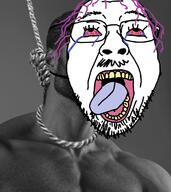 bloodshot_eyes crying gigachad mask open_mouth rope soyjak suicide tongue variant:bernd // 680x763 // 249.7KB