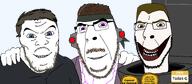 3soyjaks admiral_avvakened_(namefag) artist:admiral_avvakened award cyborg glasses h3k_(user) h3keyed headband hello_my_name_is_(sticker) hugging meta:namefags moustache no_more_brother_wars skibidi_toilet smile solid_snake stubble subvariant:cobson_slim subvariant:feralaryan toilet toilet-g(user) toilet_god variant:cobson variant:feraljak // 2468x1080 // 521.3KB