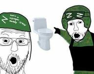 2soyjaks arm glasses hand helmet mustache open_mouth pointing puttin russia russo_ukrainian_war soldier soyjak stubble text toilet variant:two_pointing_soyjaks z_(russian_symbol) // 400x317 // 20.1KB