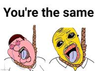 2soyjaks ack bloodshot_eyes brown_hair cartoon clothes co_(4chan) crying dead deformed double_chin ear family_guy glasses hair hanging homer_simpson imgflip.com lips mustache noose oh_my_god_she_is_so_attractive open_mouth peter_griffin rope soy_parody soyjak subvariant:jerome suicide the_simpsons tongue variant:alicia variant:bernd variant:its_out_get_in_here white_skin yellow_skin yellow_teeth you're_the_same // 600x450 // 65.4KB