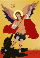 angel archangel archangel_michael armor artist:oscari buff cape christianity cross crying demon demon_horns gold gold_background halo icon open_mouth orthodox orthodoxy revelation_(bible) sandals satan screaming selfish_little_fuck skirt spear stab subvariant:seethejak text variant:bernd white_shirt wing yellow_background // 1418x2025 // 523.8KB