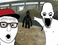 3soyjaks arm bigfoot black_skin cap clothes glasses grand_theft_auto grand_theft_auto:_san_andreas hand hat leg open_mouth pointing river soyjak stubble variant:markiplier_soyjak variant:two_pointing_soyjaks video_game // 740x585 // 479.5KB