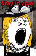 4chan animated anime bowtie clothes female get_out_of_qa hair hat irl_background kirisame_marisa open_mouth qa_(4chan) rainbow soyjak stubble text touhou variant:gapejak video_game yellow_hair // 600x933 // 79.3KB