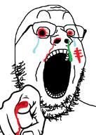 blood bloodshot_eyes crazed crying glasses hand mucus open_mouth pointing pointing_at_viewer red_eyes scared soyjak stubble variant:gapejak // 612x857 // 98.0KB