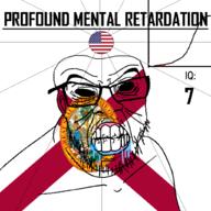angry bald black_eyes black_hole black_sclera clenched_teeth closed_mouth cracked_teeth drool ear flag flag:florida flag:united_states florida glasses god hair iq iq_bell_curve mustache nightmare_fuel no_pupils profound_mental_retardation retard soyjak star_(symbol) state stubble text united_states variant:feraljak wrinkles // 1024x1024 // 203.4KB