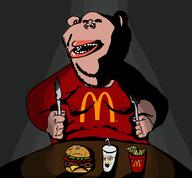 amerimutt clothes crying cup fork fries glasses hamburger holding_object knife mcdonalds ominous open_mouth stubble subvariant:gapejak_female table teeth tshirt variant:cryboy_soyjak variant:gapejak variant:impish_soyak_ears // 2176x2012 // 691.3KB