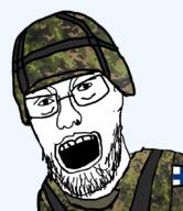 camouflage clothes combat_helmet country ear finland flag glasses helmet m05 military military_uniform open_mouth soyjak stubble variant:finnjak woodland // 742x856 // 397.3KB