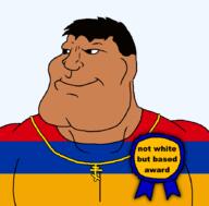 armenia award black_eyes brown_eyes brown_hair brown_skin buff caucasus christianity closed_mouth clothes cross flag flag:armenia hair nose orthodox orthodox_cross soyjak subvariant:mexiaryan text transparent_background variant:meximutt // 886x872 // 60.3KB