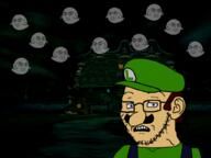 blue_eyes boo brown_hair ear ghost glasses green_hat green_shirt haunted_house luigi luigis_mansion multiple_soyjaks mustache nintendo outside overalls scared smug soyjak stubble subvariant:soyak_(concerned) variant:chudjak variant:soyak video_game // 1024x768 // 452.6KB