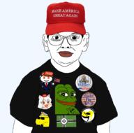 amphibian anime anti-communist_action awoo button closed_mouth clothes donald_trump frog glasses hat hillary_clinton kekistan lips maga nas:pepe pepe_the_frog pinochet r_thedonald snake snoo touhou tshirt variant:brandon video_game // 1635x1622 // 990.9KB