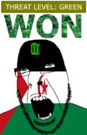 ahegao country crescent emerald flag flag:western_sahara gem glasses green green_eyes hair looking_up open_mouth schlog_color_event soyjak soyjak_blog star_(symbol) stubble teeth text threat_level_green variant:cobson western_sahara won // 721x1115 // 153.9KB