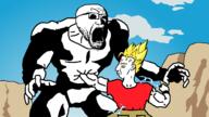 arm bald blood blue_eyes buff clothes cloud dragon_ball electricity glasses hand italy_vs_mexico leg ominous open_mouth punch rock shorts side_profile sky stubble super_saiyan torso variant:chudjak variant:darkiplier yellow_hair // 1280x720 // 126.9KB