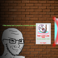 ack artist:ion bait brick brick_wall dark flag:transgender_pride_flag glasses greentext hanging homophobia meta:oc meta:oc_but_kinda_not_oc poster smirk smirking spray_paint stubble suicide tongue_out variant:bernd variant:soyak // 800x800 // 956.8KB