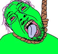 ack bloodshot_eyes crying death glasses green green_skin hair hanging looking_up mustache noose open_mouth purple_hair rope series:gigachadhero's_colorful_troonjaks soyjak stubble suicide tongue tongue_out tranny variant:bernd white_background yellow_teeth // 768x719 // 29.8KB