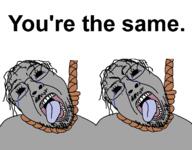 2soyjaks angry black_eyes crying current_thing dead glasses grey_skin hair hanging mustache npc open_mouth pun rope stubble suicide text tongue variant:bernd white_teeth you're_the_same // 1535x1200 // 64.6KB