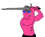clothes doll_(user) frown hat pink_skin shirtless sword variant:feraljak // 1291x1056 // 70.1KB
