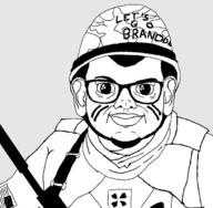4chan closed_mouth clothes country ear flag glasses hat helmet lets_go_brandon m1_helmet military oh_my_god_she_is_so_attractive soyjak united_states variant:brandon // 621x609 // 181.5KB