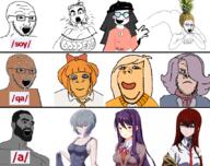 anime ayanami_rei brown_skin coco_(ongezellig) food fruit hand multiple_soyjaks mymy_(ongezellig) ongezellig orange_skin pineapple pinejak purple_hair subvariant:wholesome_soyjak variant:a24_slowburn_soyjak variant:cobbess variant:feraljak variant:gapejak variant:soyak variant:soytan vera_(ongezellig) yuri_(doki_doki_literature_club!) // 854x678 // 317.1KB