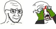 4chan blood eyes eyes_gouged frog gouge open_mouth pepe scream smug variant:soyak // 474x248 // 15.5KB