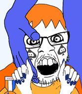 badge blacked blue_skin discord discord_logo_facial_mark facial_mark glasses hair hand open_mouth orange_hair painted_nails soyjak soyzellig_party stubble tattoo text variant:feraljak zach zarty // 990x1146 // 275.8KB