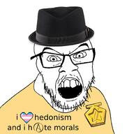 angry atheism clothes fedora glasses hat heart mustache open_mouth reddit reddit_gold soyjak stubble text transgender_flag variant:feraljak // 1500x1500 // 632.5KB