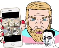 arm clitty clitty_leakage clothes comic dog dog_ears foot full_boxy glasses hair hand holding_object holding_phone iphone lipstick nordic_chad open_mouth painted_nails phone purple_hair soyjak stubble tongue tranny twitter variant:bernd variant:chudjak yellow_teeth // 921x763 // 692.8KB