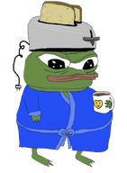 amphibian animal bread clothes coffee cup drink food foot frog full_body green_skin hand holding_cup holding_mug holding_object lips mug nas nas:pepe object_on_head pepe pepe_the_frog robe subnas:apu toaster transparent_background // 622x849 // 322.9KB