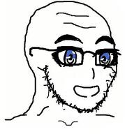 anime blue_eyes glasses kawaii open_mouth smile soyjak stubble thick_eyebrows variant:soyak // 378x378 // 29.2KB