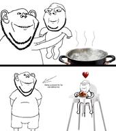2soyjaks arm baby boil chair comic cute fat father food full_body hand heart implied_murder infant insane looking_at_you love meatballs ominous pot sauce series:imp_&_gape smile spaghetti subvariant:wholyjak tomato tomato_sauce variant:impish_soyak_ears water wink // 1325x1500 // 535.1KB