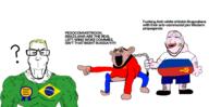 a10_eyes amerimutt angry aryan biggest_aryan_award blond brazil commiepedotroon communism euromutt flag flag:brazil flag:russia flag:ukraine hammer_and_sickle hypocrite leash nonsense pointing portuguese_text retard russia star_(symbol) text ukraine unbothered variant:chudjak variant:markiplier_soyjak variant:unknown we_brazilians_arent_white_lol // 1935x1000 // 521.5KB